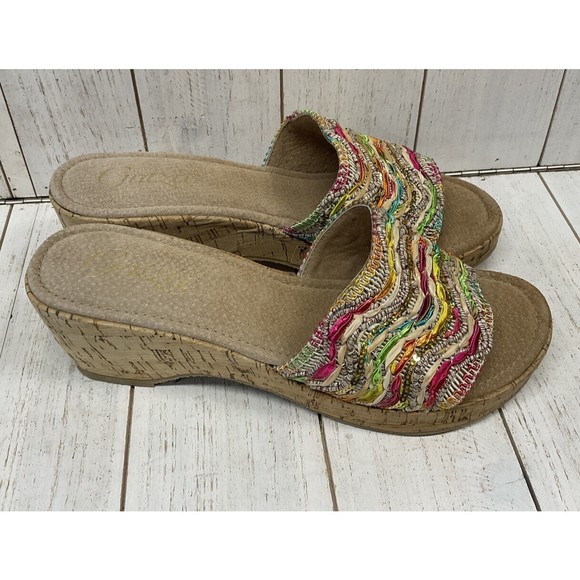 Grazie Womans Size 10 Cork Sandals Slide On Multicolor Strap - Picture 3 of 13
